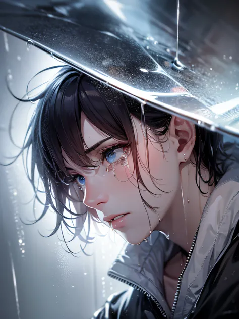 a teenager male, cry for love, on the top of the building, heavy rain drop down, wet clothes, wet hair, clear face, lonely, tearing up, eye reflection, streaming tears, tears, ray tracing, reflection light, chiaroscuro, cinematic lighting, close-up, master...