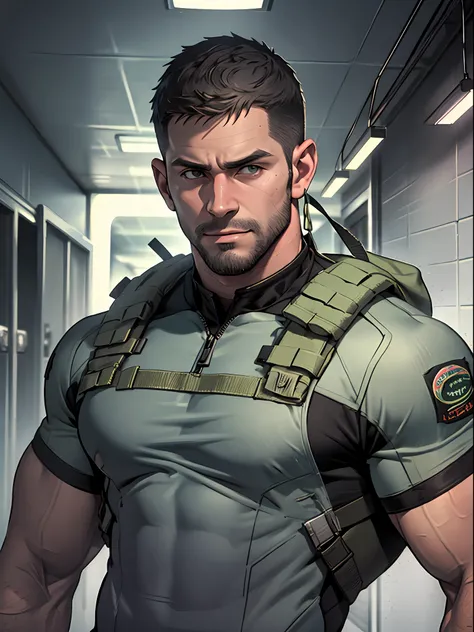 1 man, solo, 35 year old, chris redfield, wearing grey t shirt, smirks, green color on the shoulder and a bsaa logo on the shoul...