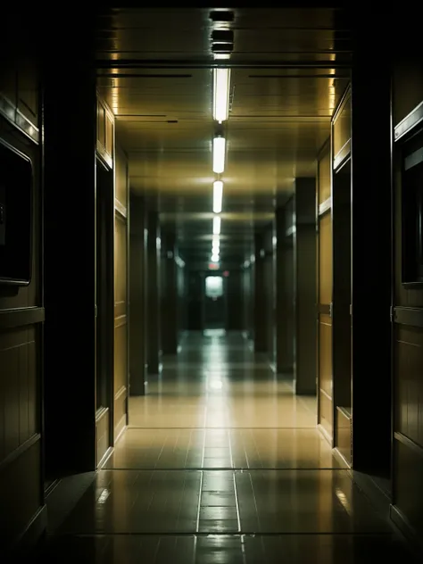 Gloomy and dark corridor inside a huge spaceship. Soft focus and dynamic range in certain areas in the corridor