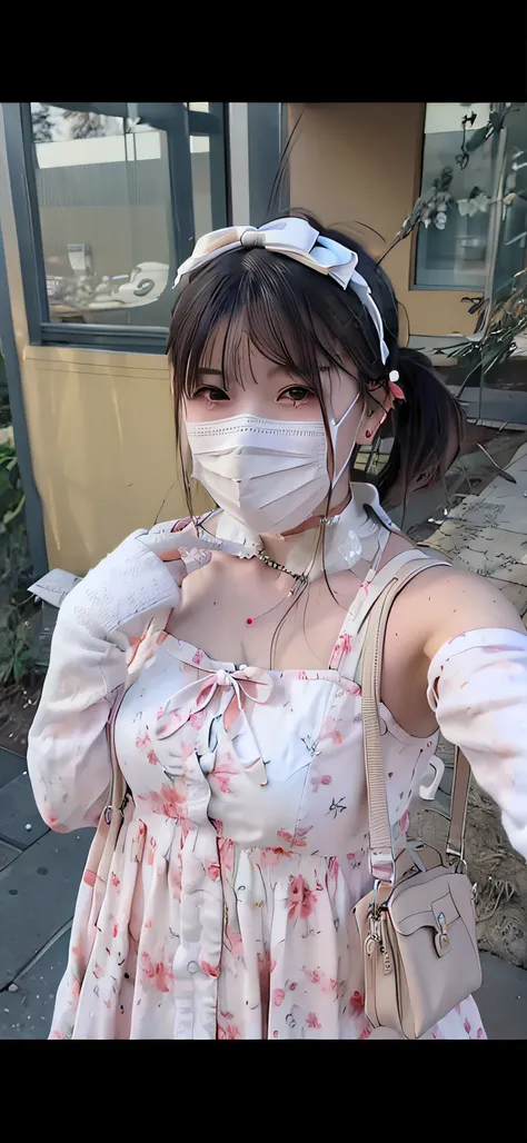 araffe wearing a mask and gloves and a handbag taking a selfie, twintails white_mitts, wearing face mask, wearing face mask, belle delphine, wearing transparent glass mask, 8K)), author:ayami kojima, shikamimi, anime vibes, Anime girl in real life, Wearing...