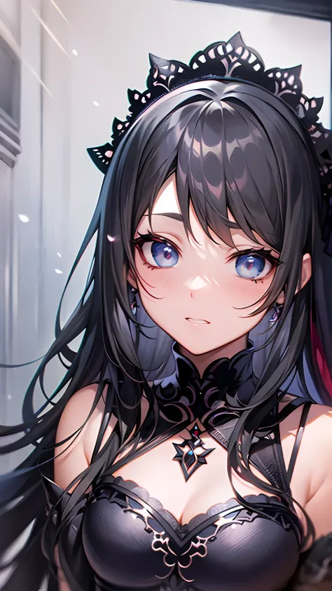 close up portrait of woman in dress in white and black dress、gothic otome anime girl、anime girl wearing a black dress、cute anime...