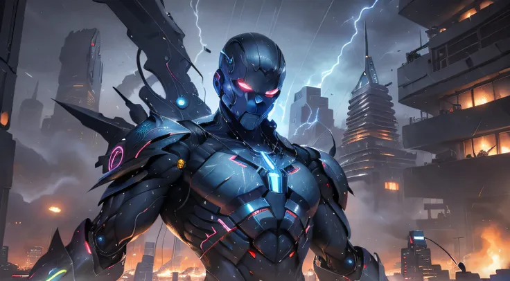 "The Cyberspace Gunslinger", a ruthless cyber vigilante, with muscular robotic arms and electronic circuit tattoos that glow under your skin. Hes on an abandoned city roof, with the night sky full of dark clouds and lightning. His posture is confident, hol...