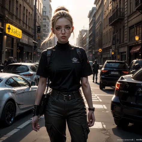 Cammy branco (Lutador de rua), olhos cinzas, cabelo blondie cinza ponytail, pale skin and freckles, soft and beautiful lips, Aviator glasses with yellow transparent lenses, wearing tactical black baselayer, military office pants, coturno preto tratorado, p...