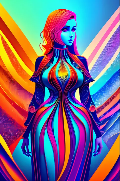 multi dimensional quilling paper,a woman in a gorgeous long dress，neonlight, 3 d neon art of a womens body, hyper-realistic clas...