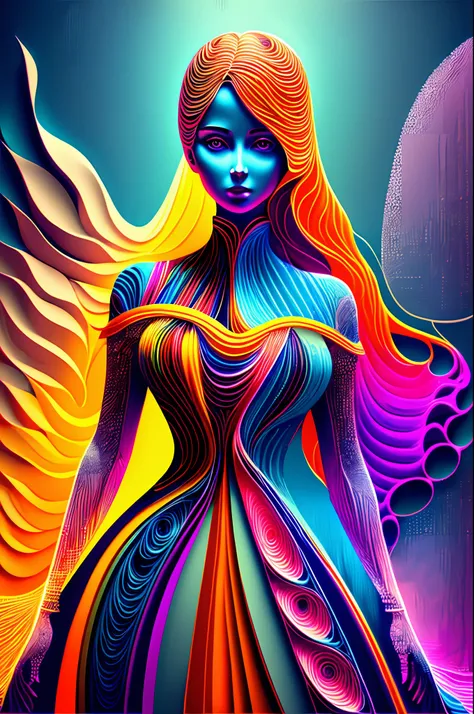 multi dimensional quilling paper,a woman in a gorgeous long dress，neonlight, 3 d neon art of a womens body, hyper-realistic clas...