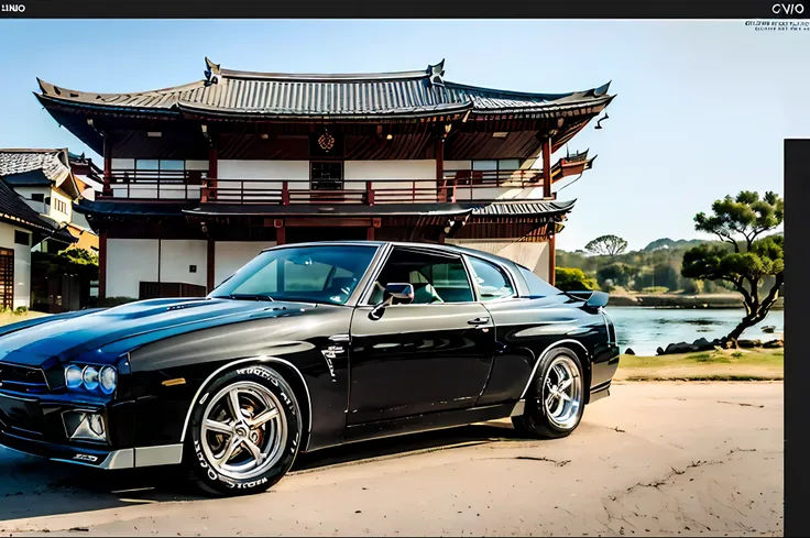 ((gtr corpo preto brilhante)), parked in front of a japanese pagoda, clima de outono, ultra grande angular, obra-prima, premiado...