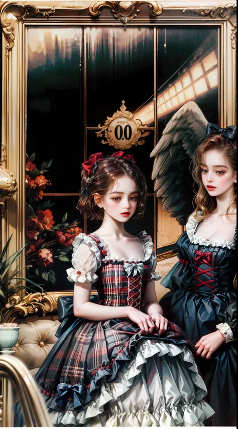 three girls posing for photos in matching red and black plaid dresses，angels are beautiful，magazine scanning，perfume，lolita fash...