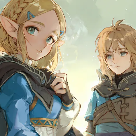 two anime characters are standing next to each other in the snow, botw style, zelda and link, botw, zelda botw, breath of the wi...