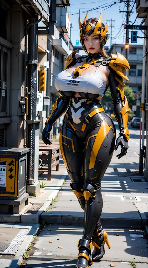 ((unreal engine 5)), realistic rendering, excellent, (full  mecha armor), helm, (yoga pants), looking on viewer, posing walkdown...