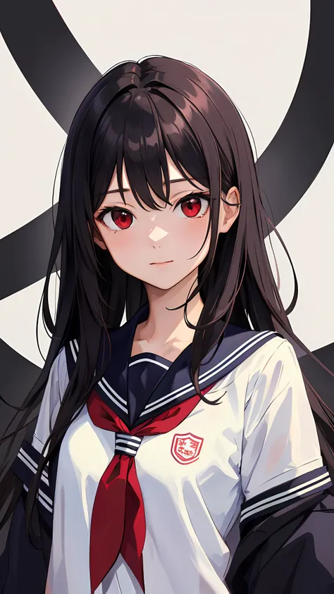 (masterpiece, best quality:1.2), looking at viewer, school uniform, (wavy hair:0.8), long hair, red eyes, upper body,