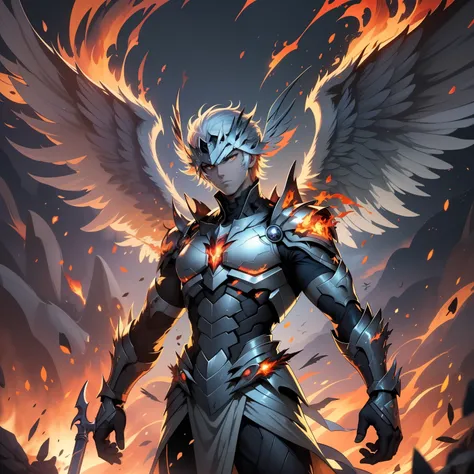 a large painting of a cartoon character with a sword and a bird on his shoulder and a fire background behind him, with a bird on his shoulder, 1boy, breathing fire, burning, embers, explosion, fiery hair, fiery wings, fire, fireworks, flame, hat, helmet, m...