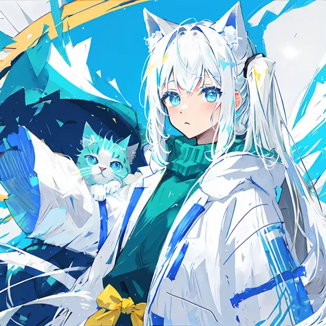 cute cat avatar，green and blue eyes, white hair