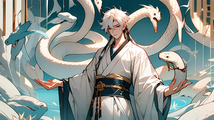 1boys，mtu，hanfu，chinese costumes，white color hair，white snake，huge snake，waterface