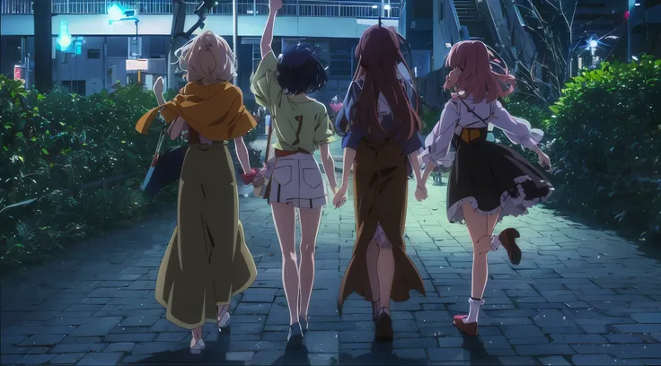 three girls walking down a sidewalk at night with umbrellas, kyoto animation still, screenshot from the anime film, anime film s...