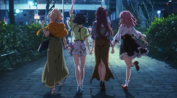 three girls walking down a sidewalk at night with umbrellas, kyoto animation still, screenshot from the anime film, anime film s...