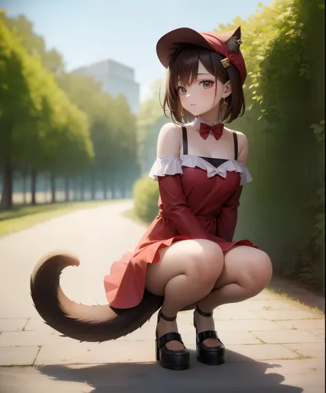 masterpiece, best quality,  1girl, chen,brown hair,short hair, mob cap, animal ears, earrings, tail,red dress,bow,tail,full body