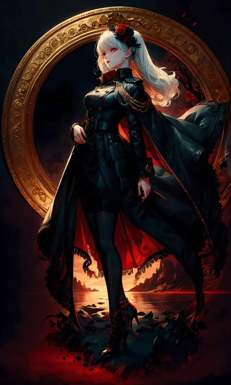 1girll,White color hair,Various hairstyles,Wear a black flower on your head,beauitful face,crisp breasts,Convex buttocks,Wearing a black gauze tights,Wear a black wristband,Black lace-up heels,Wearing a black military uniform overcoat,The inside of the coa...