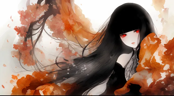 1girll，black color hair，red - eyed，china-style，ink and watercolor painting，dark orange base（monochromes：08）