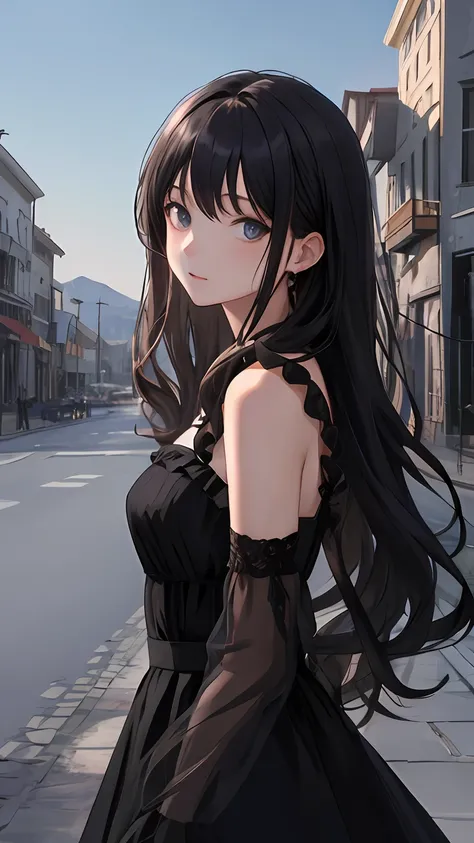 masterpiece, best quality, looking at viewer, long hair, outdoors, (wavy hair:0.7),
black theme, frills,