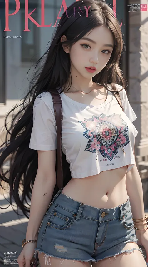 young beautiful girl, ultra detailed, official art, unity 8k wallpaper, (fashion magazine cover:1.3), 
break
denim mini skirt, g...