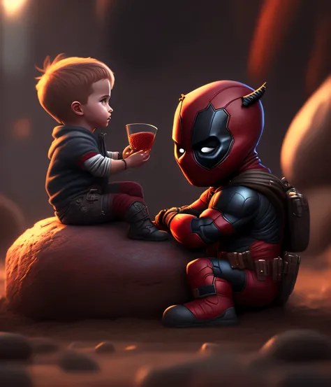 cinematic shot of realistic cute deadpool , surounded by fire, seamless, epic, cinematic, intricate detail, award winning, great lighting, shading, high quality, detailed