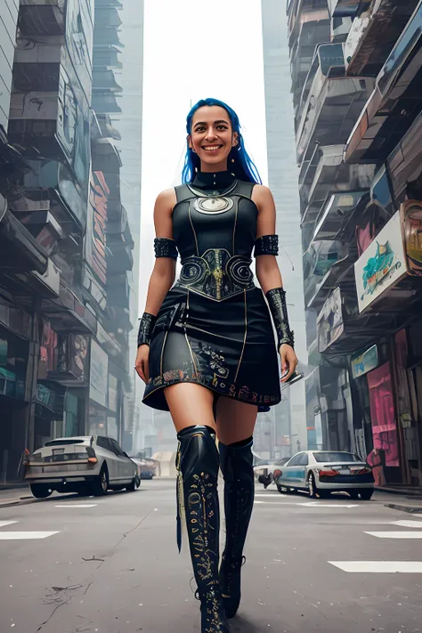 a cyberpunk portrait photo of   a guatemalan woman smiling,  (futuristic folk dress), pronounced feminine feature, insane detail...