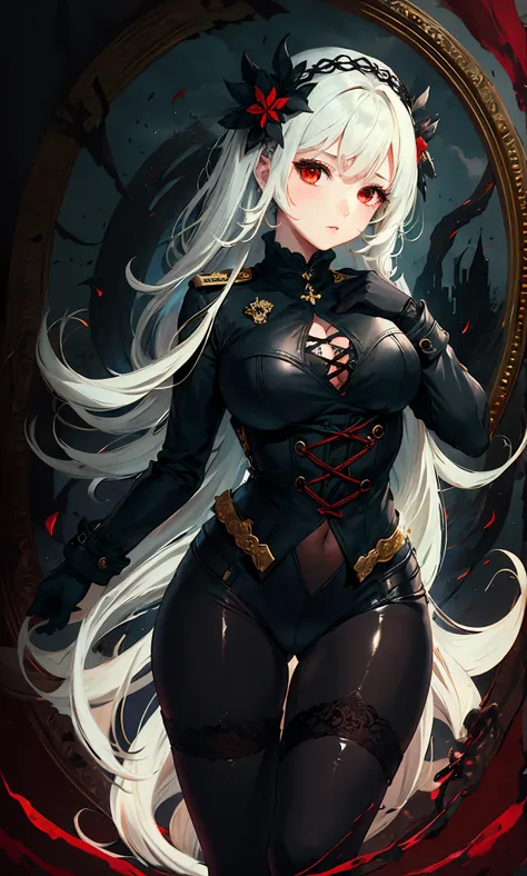 1girll,White color hair,Various hairstyles,Wear a black flower on your head,beauitful face,crisp breasts,Convex buttocks,Wearing a black gauze tights,Wear a black wristband,Black lace-up heels,Wearing a black military uniform overcoat,The inside of the coa...