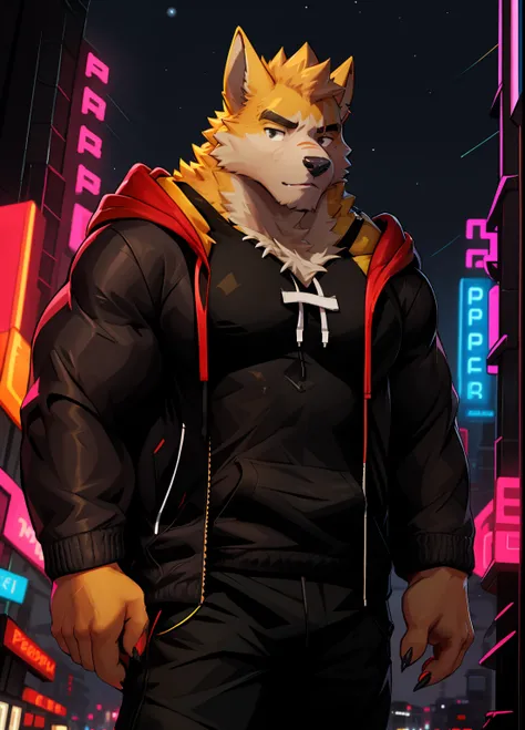 cooper krager, solo, looking at viewer, shirt, 1boy, jacket, male focus, open clothes, hood, black shirt, hoodie, muscular, pectorals, muscular male, bara, hooded jacket, sharp fingernails, night city, neon, furutistic, yellow fur, black eyes