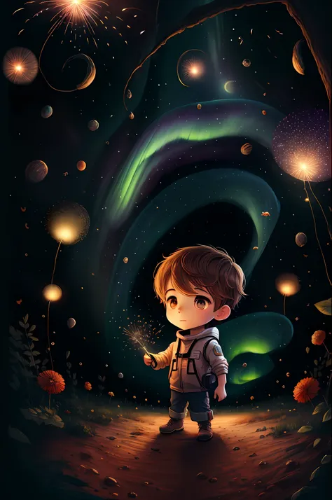 1boy,aerial fireworks, astronaut, aurora, milk way, festival,   chibi,  fisheyes, masterpieces, top quality, best quality, offic...