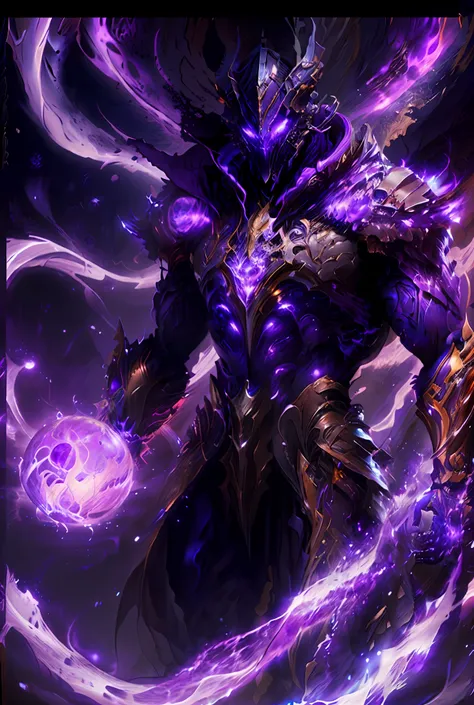 a picture of a man with a purple robe and a purple ball, purple glowing core in armor, league of legends character, nocturne from league of legends, trending on artstation., league of legends arcane, splash art, aurelion sol, djinn man male demon, style of...