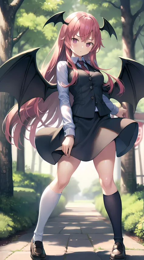 forest, troubled face, ((masterpiece, best quality)),koakuma,1girl,vest,necktie,very long skirt,wings,(white folded socks:1.0),p...