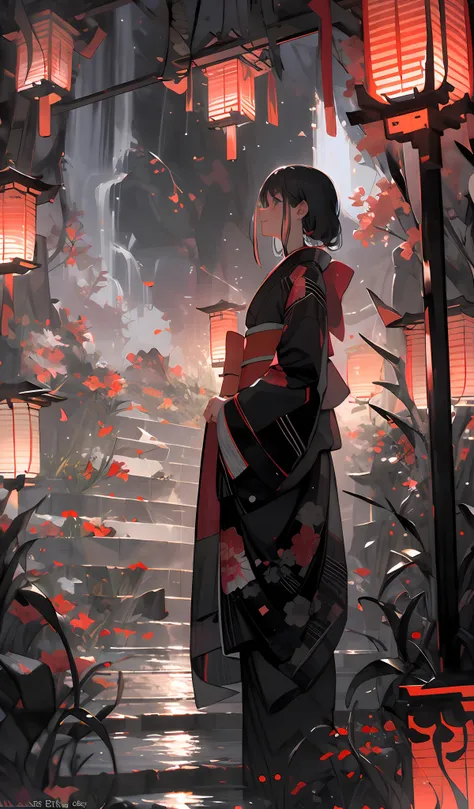 (masterpiece:1.2), best quality,pixiv,
1girl, solo, black hair, lantern, water, standing, japanese clothes, outdoors, night, kim...