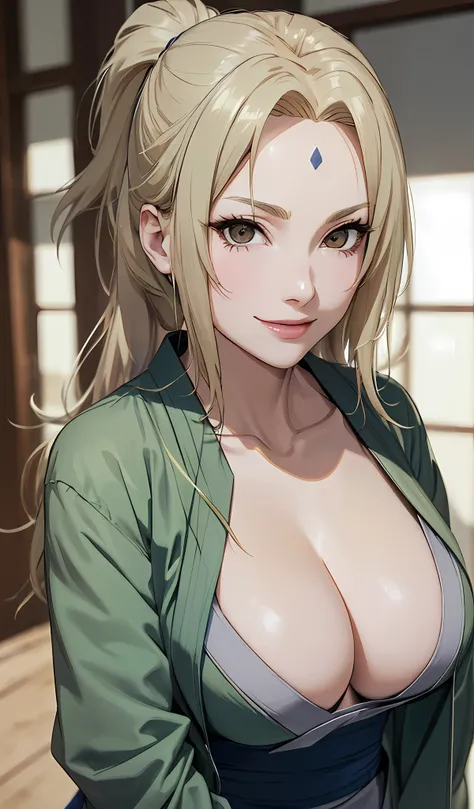 t5un4d3, marks,tsunade, ((gray kimono,gray skirt、 dark blue sash, the jacket is a green jacket))、8k, 1girl in, 独奏,cleavage of th...