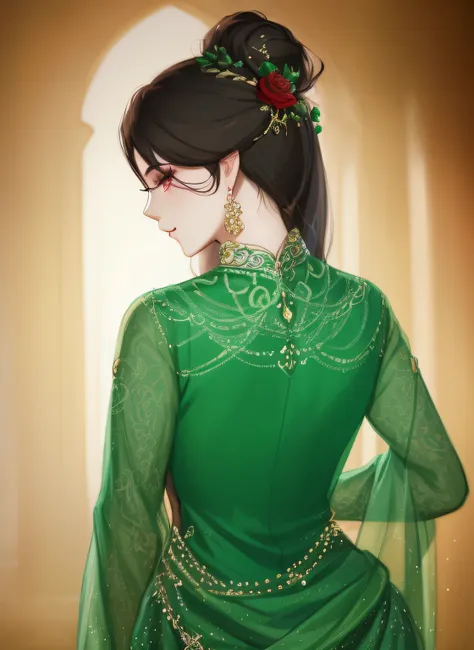 a painting of a woman in a green dress with a red rose in her hair, digital art of an elegant, elegant digital painting, in the ...