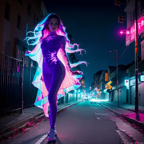 "Psychedelic beauty, street shot, captivating full-body pose showcasing stunning x-ray layers, exuding an ethereal aura."