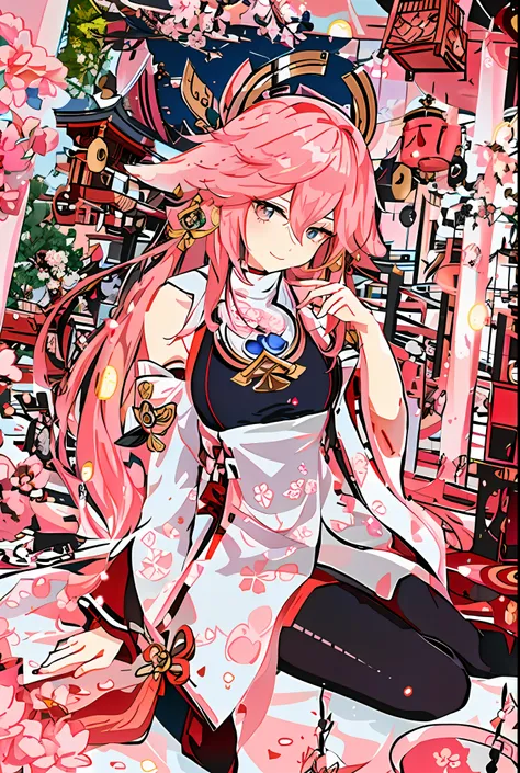 yae miko(genshin impact)，4k，anime aesthetic style，pink long hair，sit on a bed，japan shrine priestess uniform