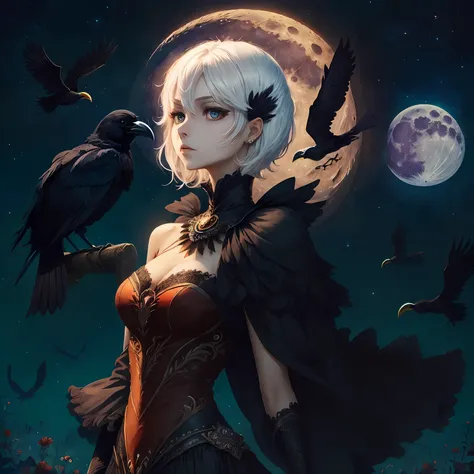 nigth，themoon，female pervert，dress neutrally，short detailed hair，white color hair，red color eyes，on the shoulders stands a crow，...