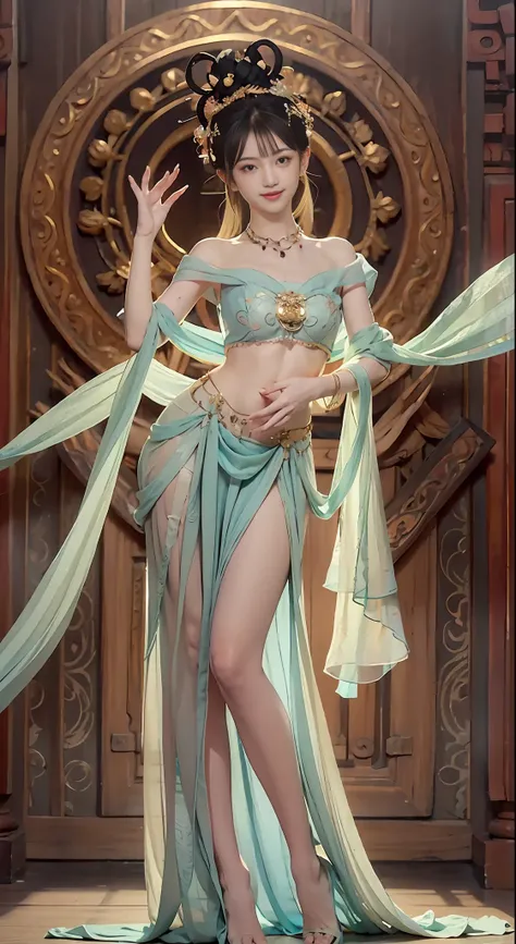 Full body photo,a beautiful female,Delicate jade feet,messy hair,teens girl,Symmetrical bun,hair adornments,jewelry,The face is delicate,eye shadows,Delicate cyan top,cropped shoulders,Crop topping,showing belly,Dunhuang style,Lots of streamers,Fine fine...
