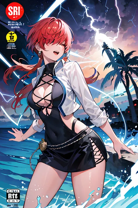 comic cover，Comic cover style，tmasterpiece， best qualityer， A high resolution， she1， （Hair over eyes：1.1）， The palm of the hand generates lightning，Surrounded by thunder，Ocean park，Sex slips