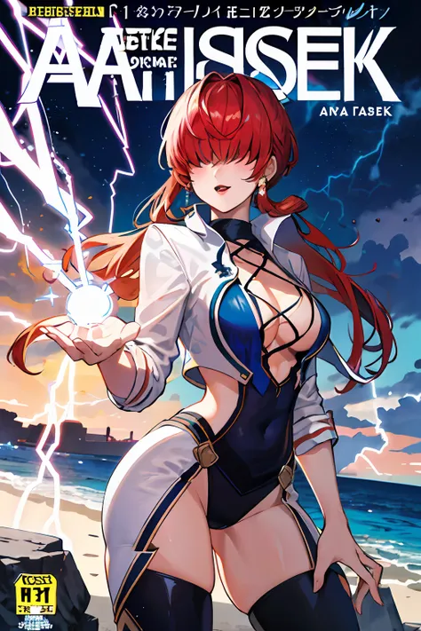 comic cover，Comic cover style，tmasterpiece， best qualityer， A high resolution， she1， （Hair over eyes：1.1）， The palm of the hand generates lightning，Surrounded by thunder，Ocean park，Sex slips