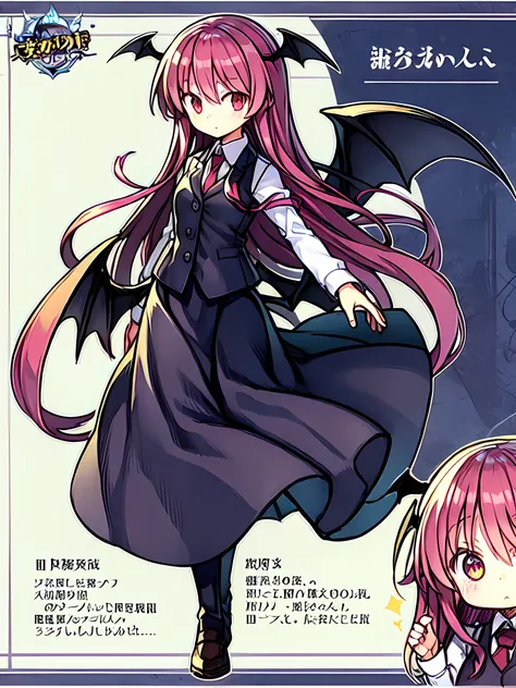 koakuma,1girl,vest,necktie,very long skirt,wings,(character design sheet,:1.0)