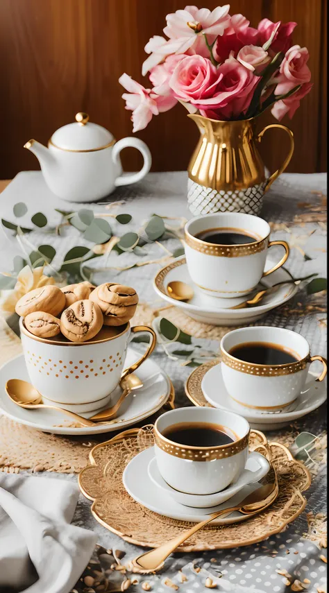 coffee in a lovely gourmet cup,  good morning, floral print, daytime lighting, flowers, chic, sugar, coffee beans, print flowers...