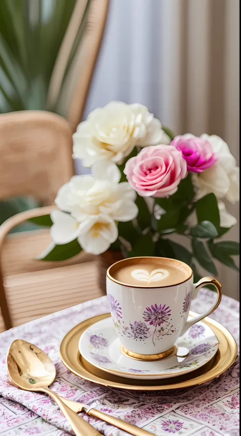 coffee in a lovely gourmet cup,  good morning, floral print, daytime lighting, flowers, chic, sugar, coffee beans, print flowers...