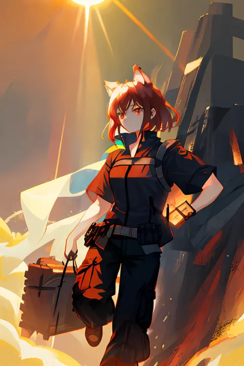 red-haired girl，wolf tail hair，black cargo pants，black short-sleeved top，golden eyes，rays of sunshine，heroic，tmasterpiece，need