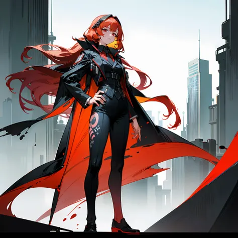 anime character with red hair and cape standing in front of a city, digital cyberpunk anime art, anime cyberpunk art, cyberpunk ...