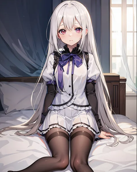 on the bed, loli kneeling short skirt, maid pretending to be white hair and white silk loli seduction action