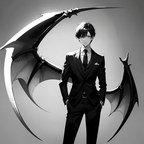 1boy,dragon wings,suits,30's man,monochrome images,grey background