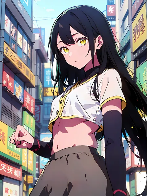 1girl, (solo:1.2), ((masterpiece)), slim, small chest, pale skin, ((detailed eyes)), (bokeh effect), (dynamic angle), dynamic pose, yellow eyes, black hair, long hair, (crop top), (long skirt), (forearm sleeves), kabukicho