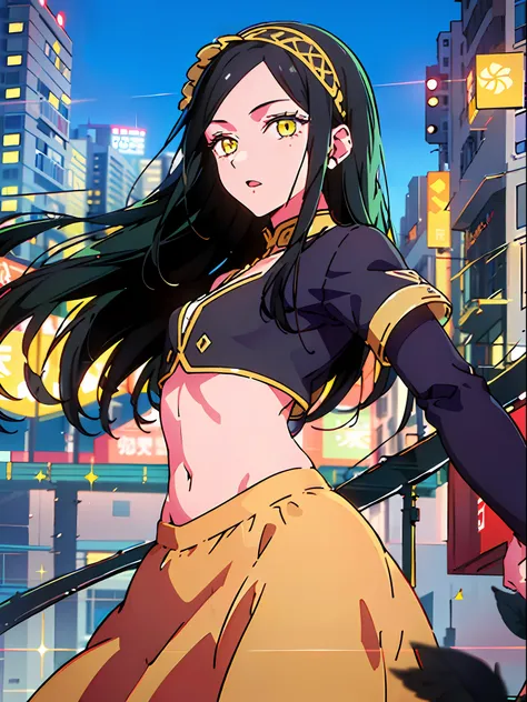 1girl, (solo:1.2), ((masterpiece)), slim, small chest, pale skin, ((detailed eyes)), (bokeh effect), (dynamic angle), dynamic pose, yellow eyes, black hair, long hair, (crop top), (long skirt), (forearm sleeves), kabukicho