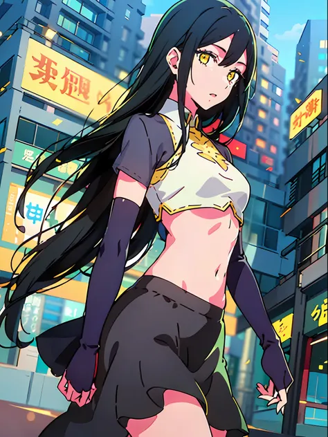 1girl, (solo:1.2), ((masterpiece)), slim, small chest, pale skin, ((detailed eyes)), (bokeh effect), (dynamic angle), dynamic pose, yellow eyes, black hair, long hair, (crop top), (long skirt), (elbow gloves), kabukicho